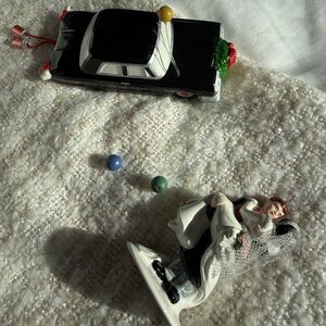 Black Vintage Toy Car & Wedding Couple Figurine Set